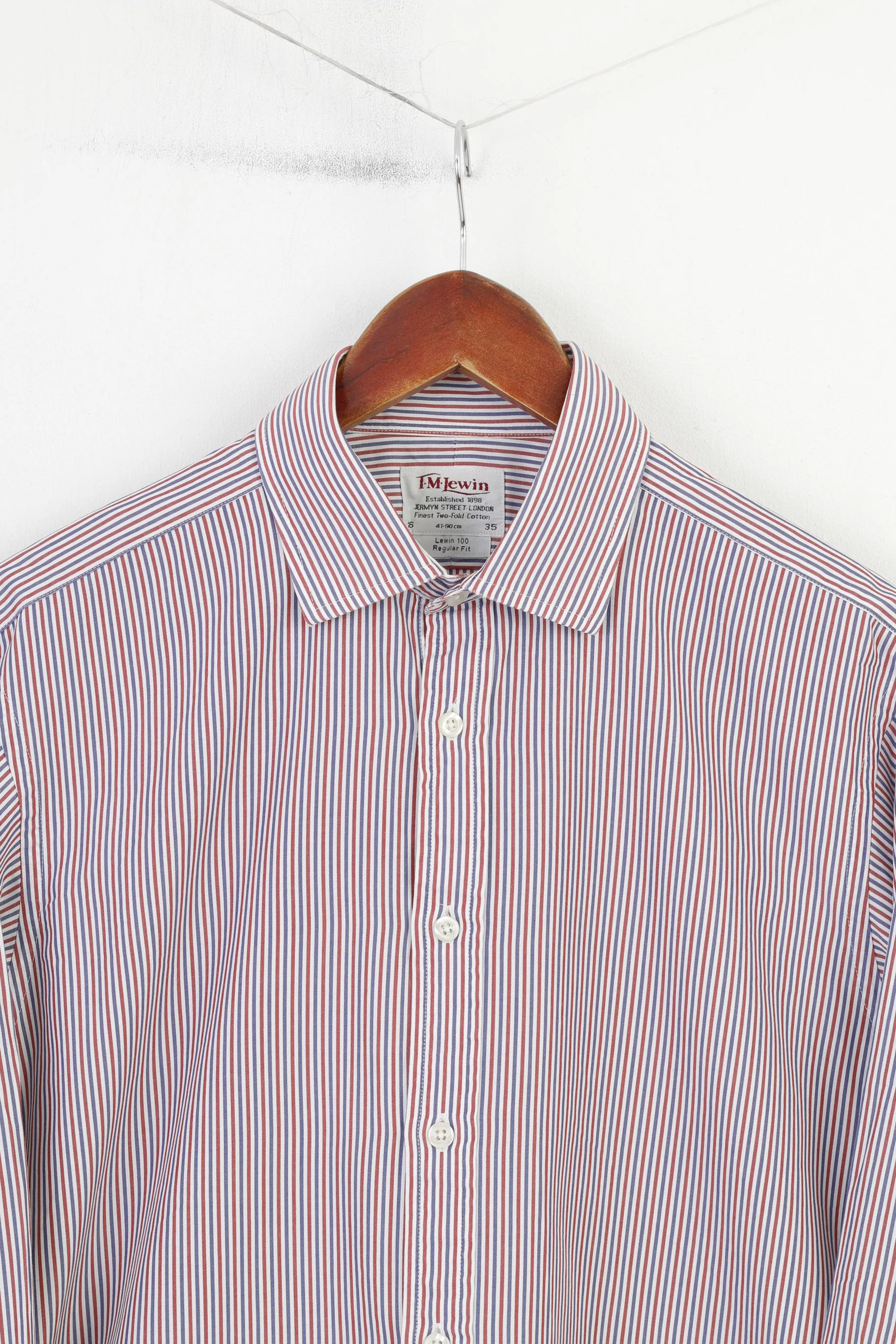 TM Lewin Men 16 35 L Casual Shirt Blue Red Striped Long Sleeve  Cotton Lewin 100  Fit Classic Top