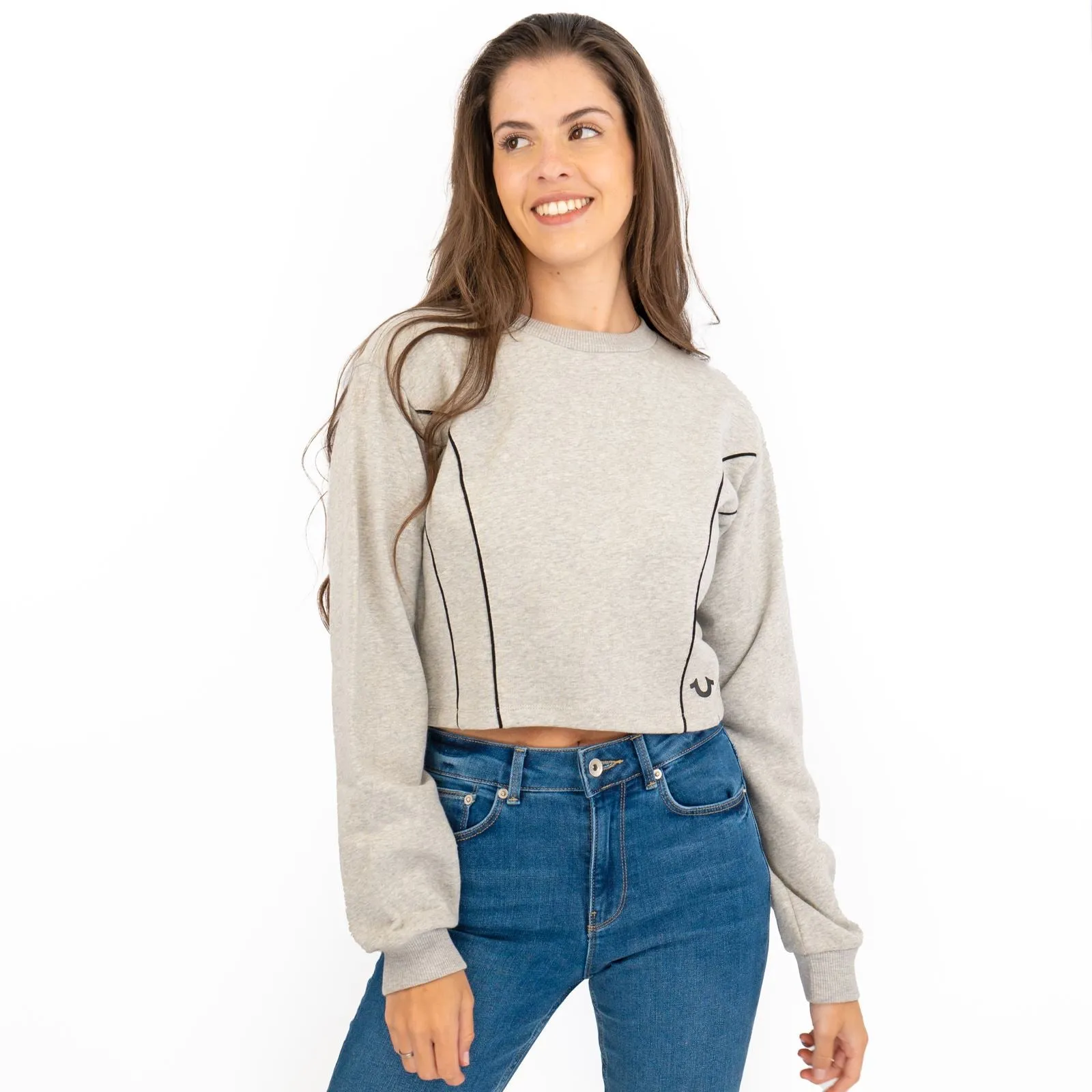 True Religion Grey Soft Cotton Sweatshirt Long Sleeve Crop Tops