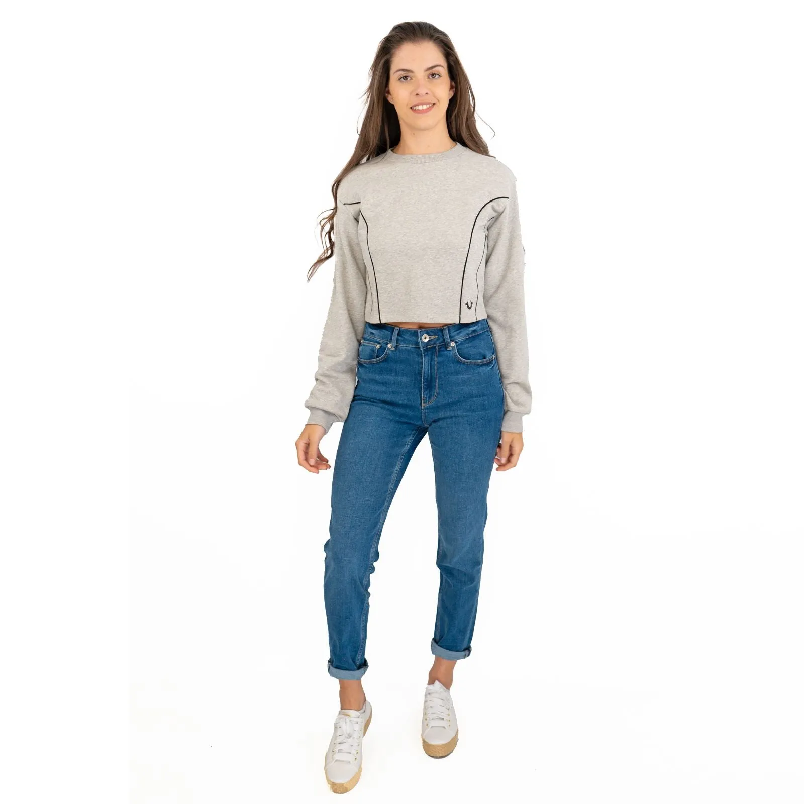 True Religion Grey Soft Cotton Sweatshirt Long Sleeve Crop Tops