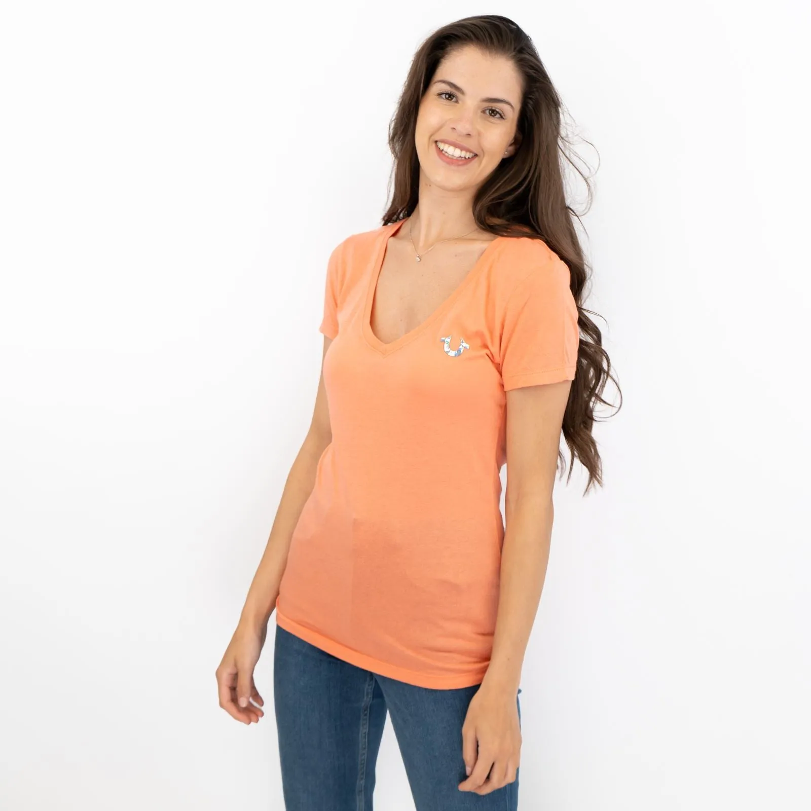 True Religion Light Orange T-Shirt Cotton Short Sleeve Lightweight V-Neck Summer Tops