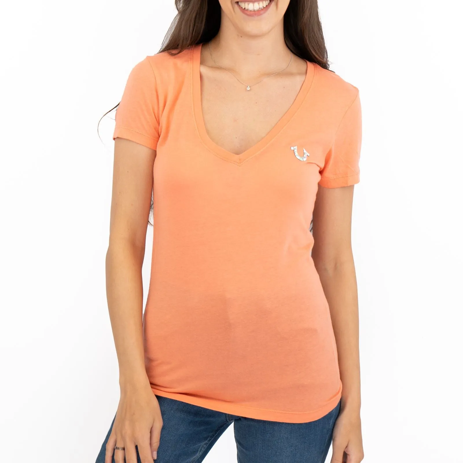 True Religion Light Orange T-Shirt Cotton Short Sleeve Lightweight V-Neck Summer Tops