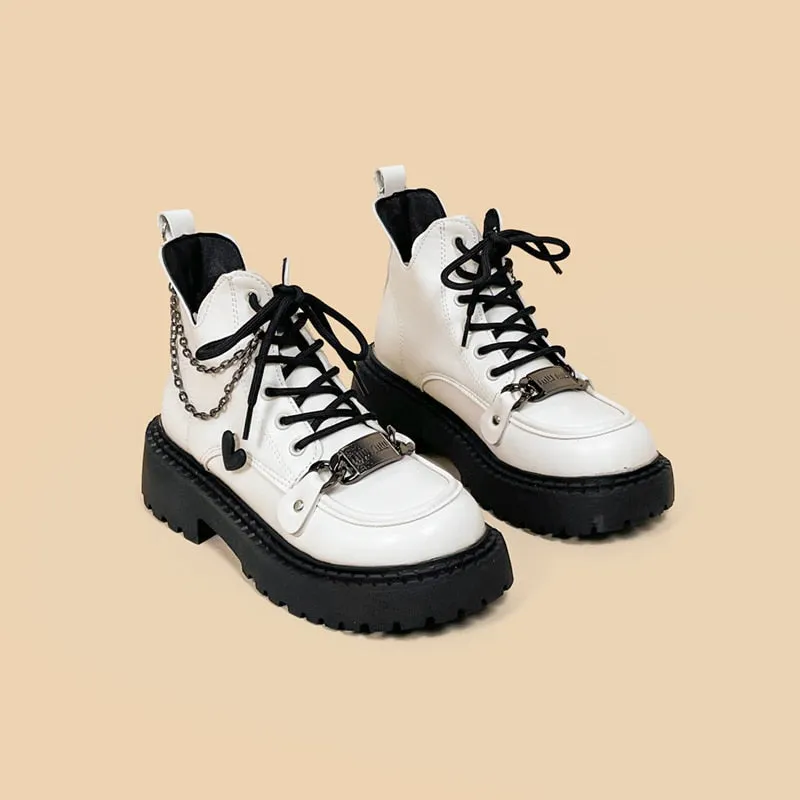 White Chained Ankle Moto Boots