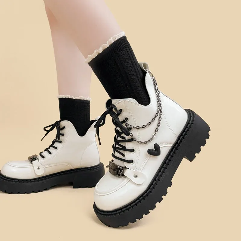 White Chained Ankle Moto Boots