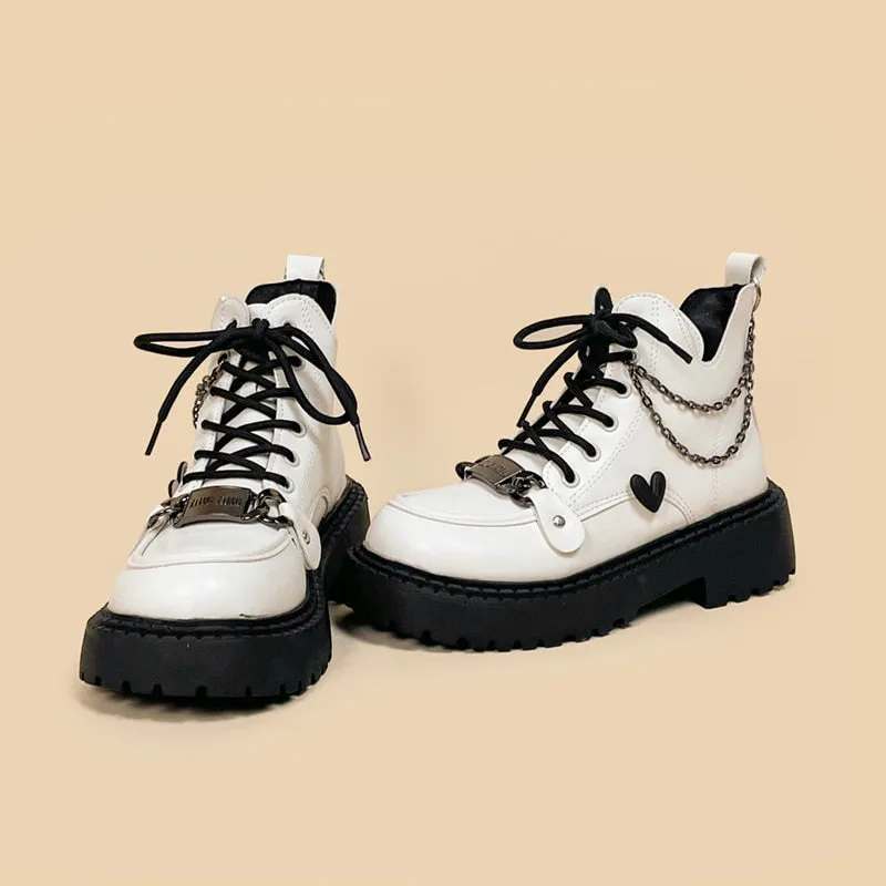 White Chained Ankle Moto Boots