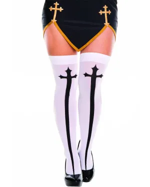 White Opaque Gothic Cross Plus Size Thigh High Stockings