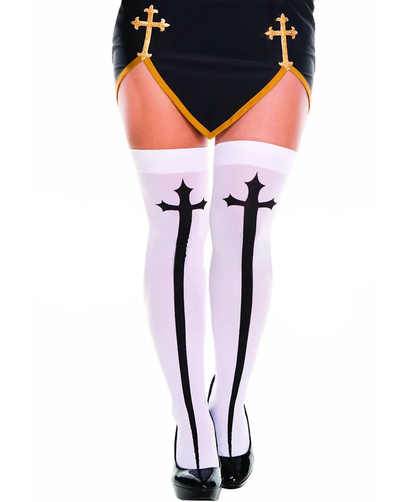 White Opaque Gothic Cross Plus Size Thigh High Stockings