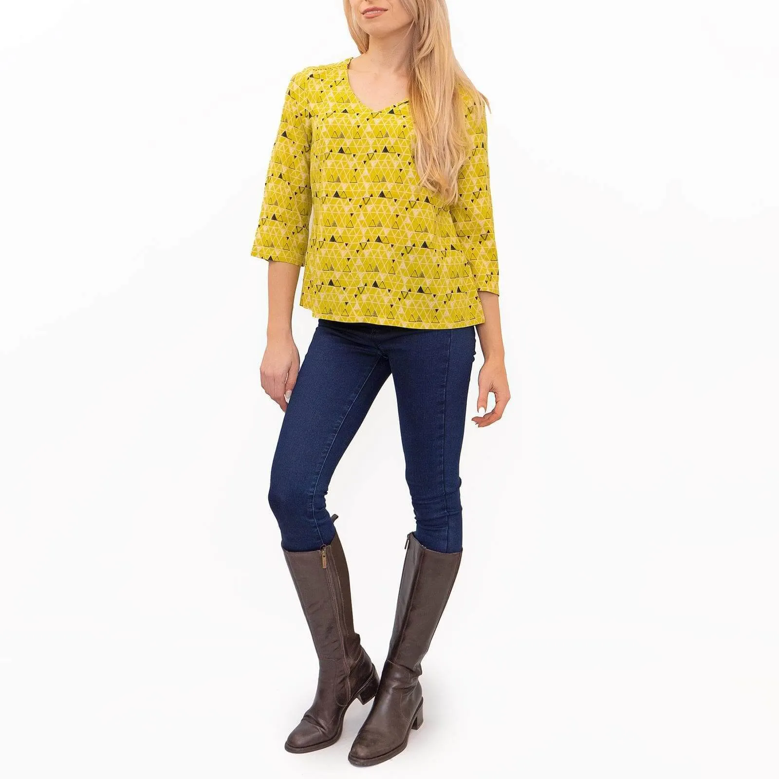 White Stuff Coffee Break Lime Green Scoop Neck 3/4 Sleeve Cotton Tops