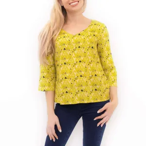 White Stuff Coffee Break Lime Green Scoop Neck 3/4 Sleeve Cotton Tops