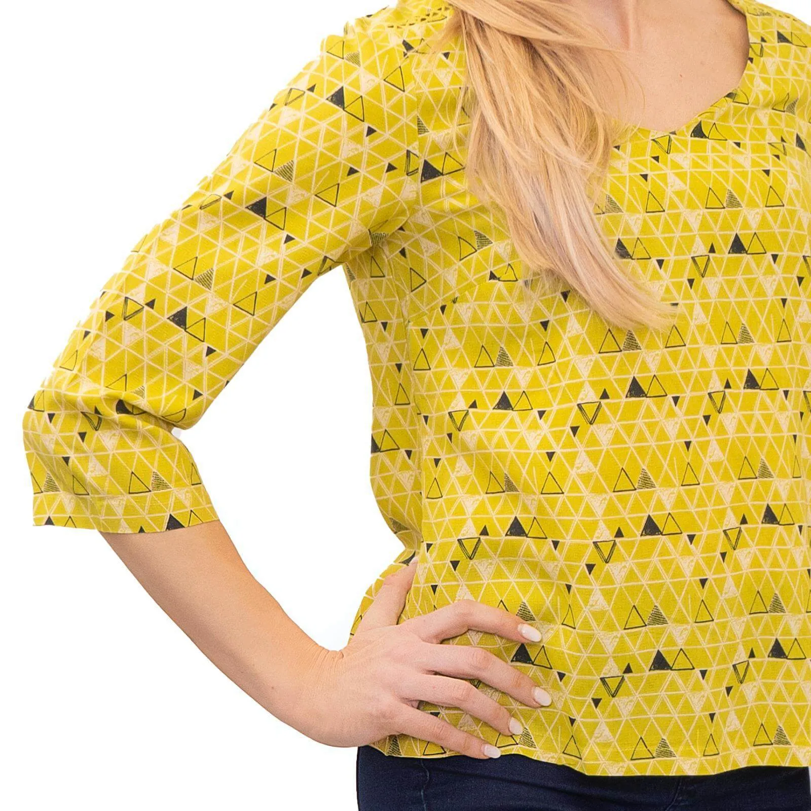 White Stuff Coffee Break Lime Green Scoop Neck 3/4 Sleeve Cotton Tops