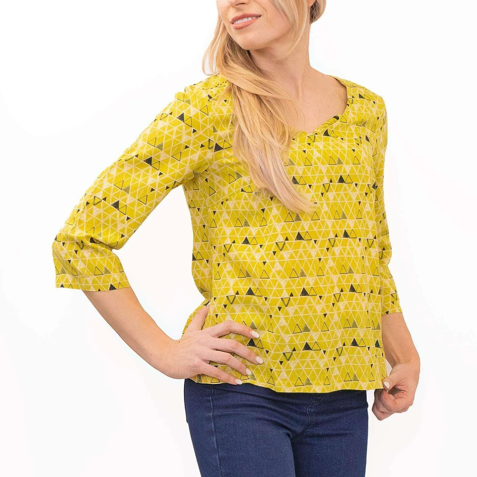 White Stuff Coffee Break Lime Green Scoop Neck 3/4 Sleeve Cotton Tops