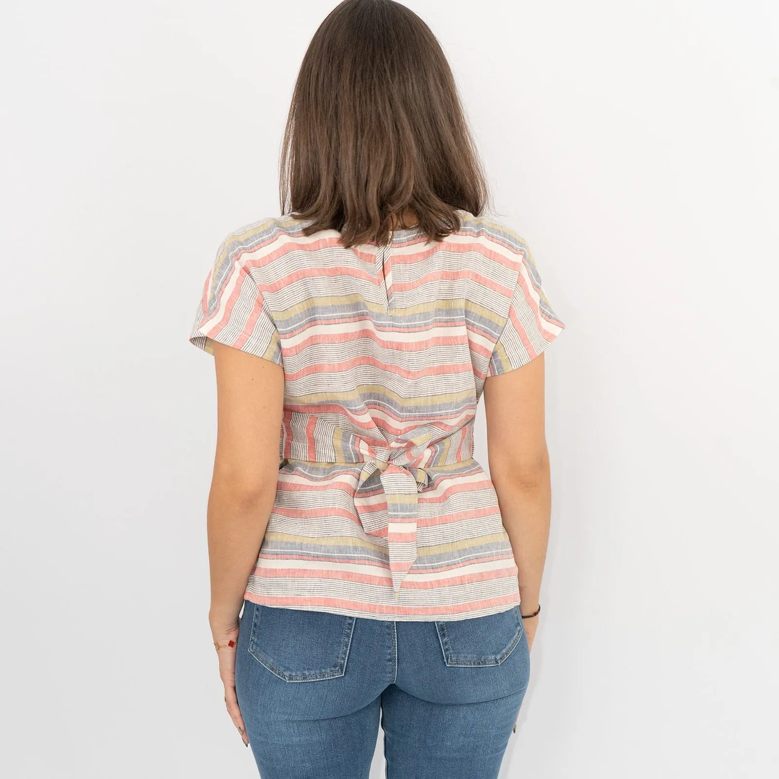 White Stuff Pink Linen Striped Short Sleeve Going Out Tie-On Waist Tops