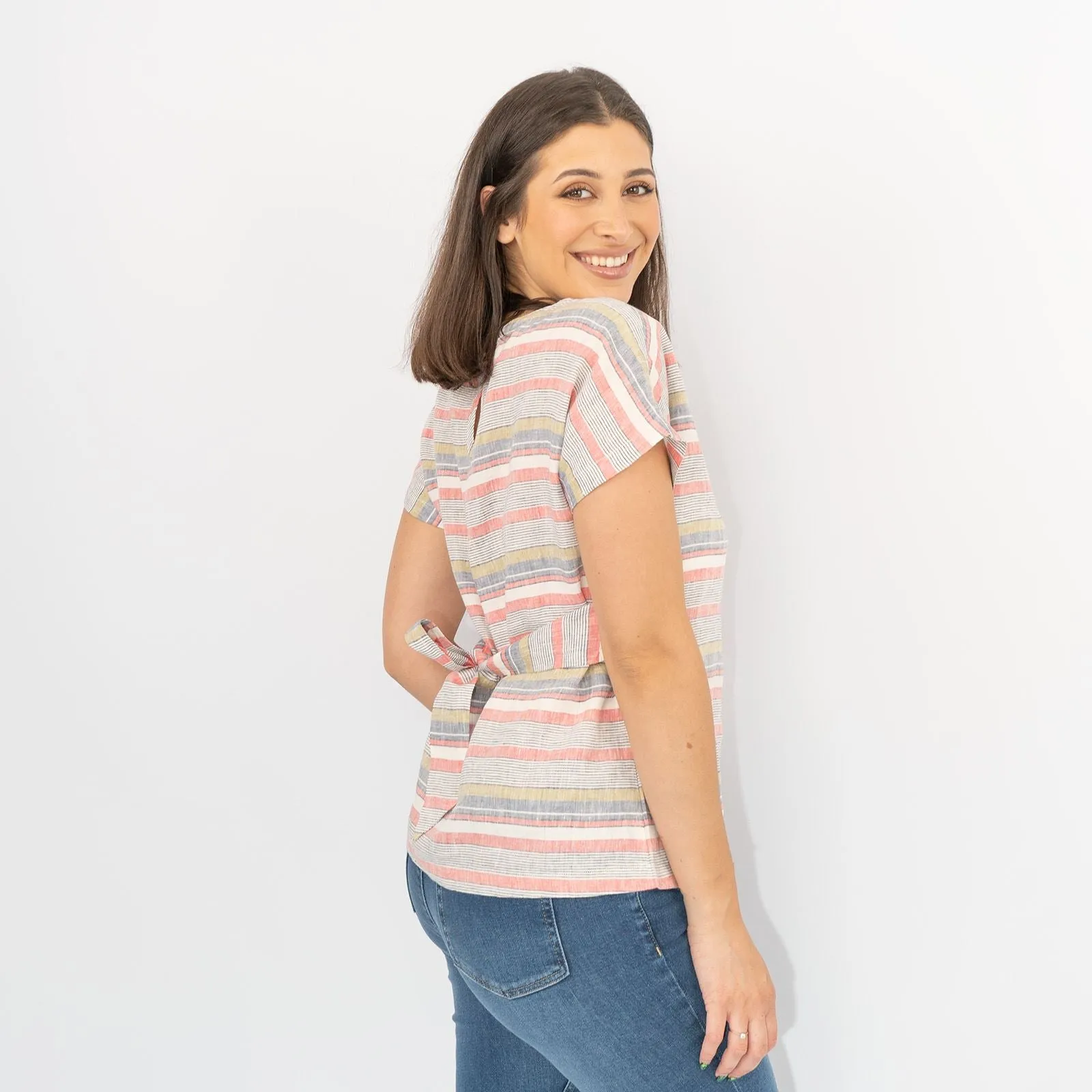 White Stuff Pink Linen Striped Short Sleeve Going Out Tie-On Waist Tops