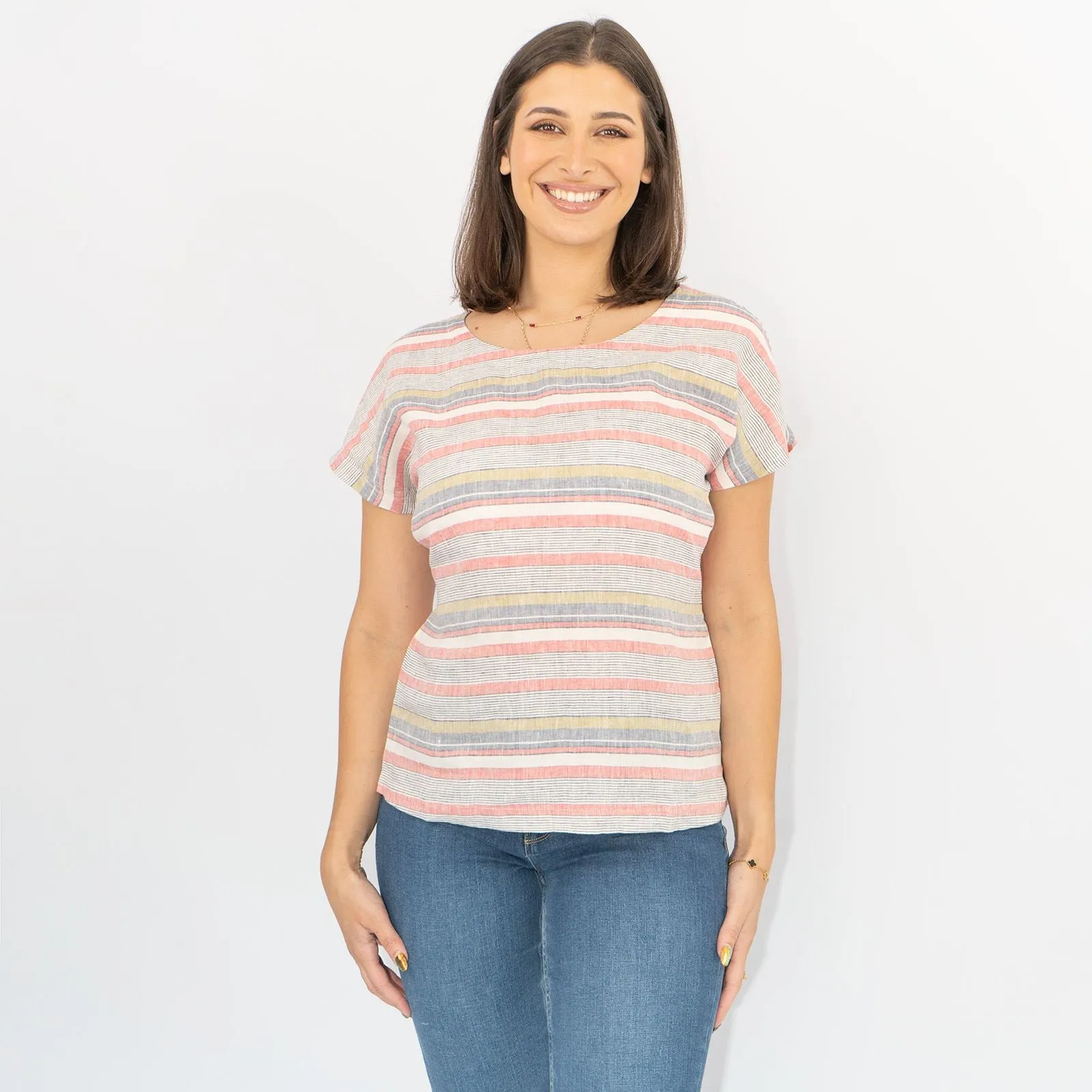 White Stuff Pink Linen Striped Short Sleeve Going Out Tie-On Waist Tops