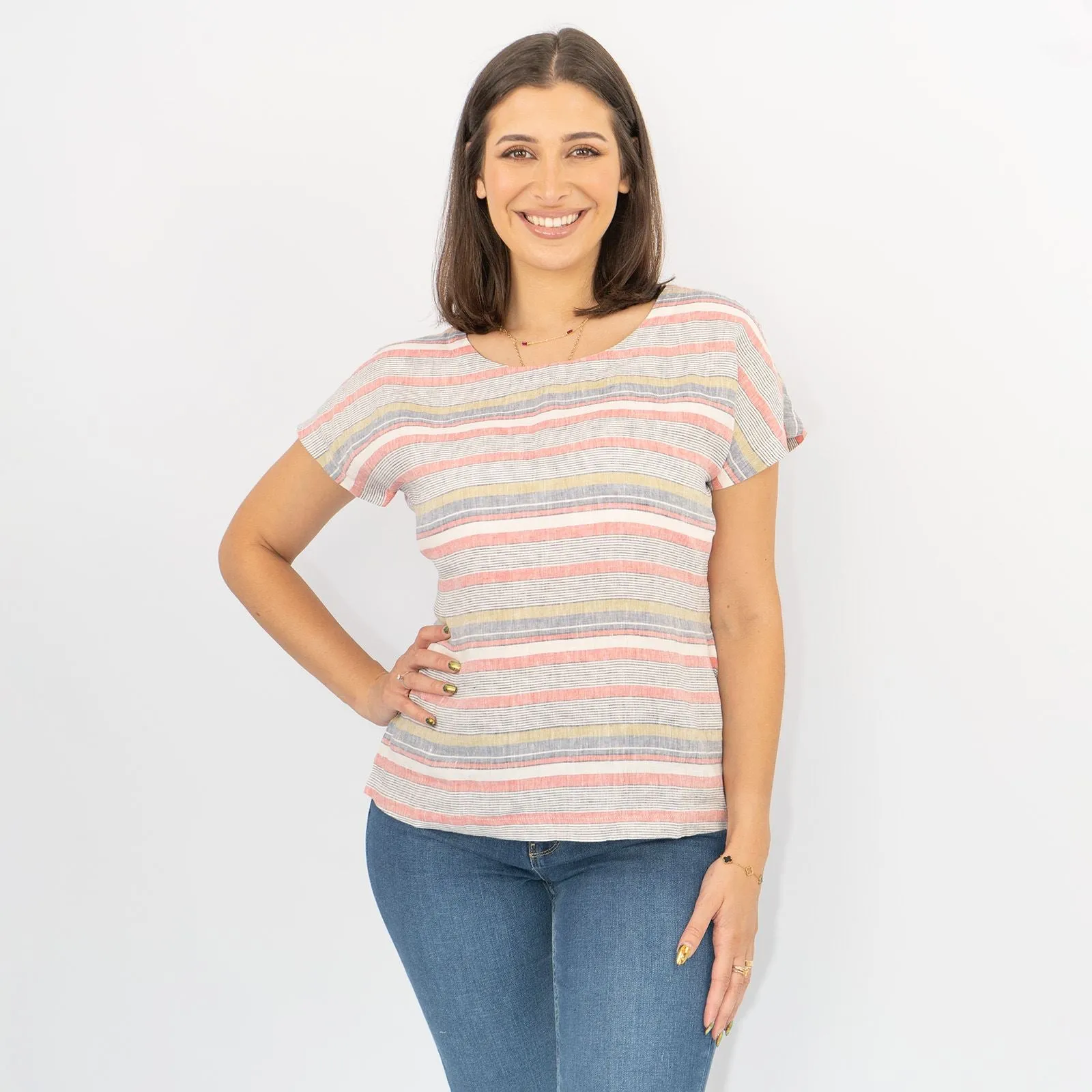 White Stuff Pink Linen Striped Short Sleeve Going Out Tie-On Waist Tops