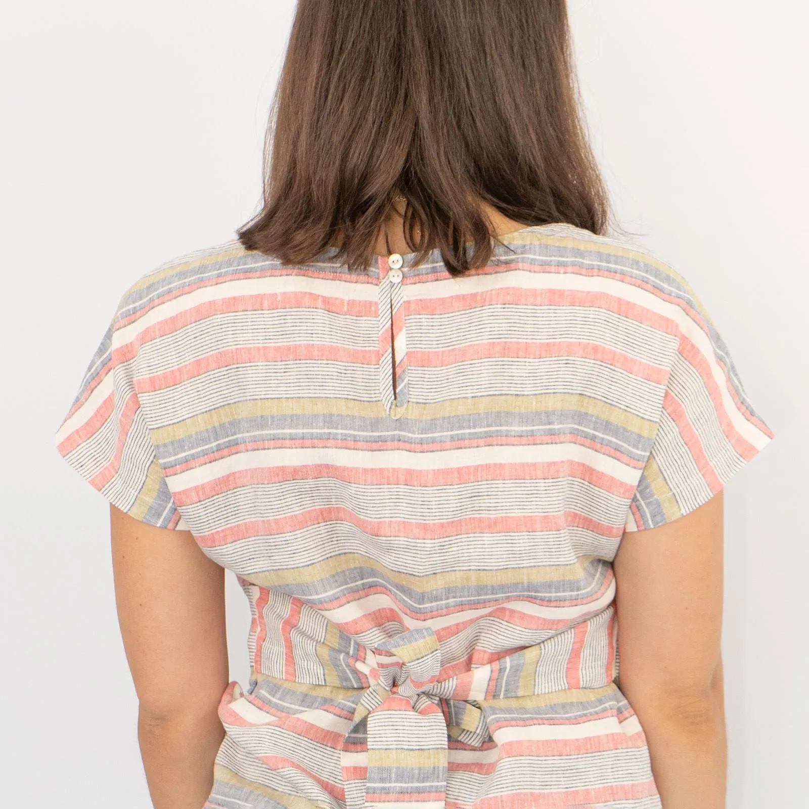 White Stuff Pink Linen Striped Short Sleeve Going Out Tie-On Waist Tops