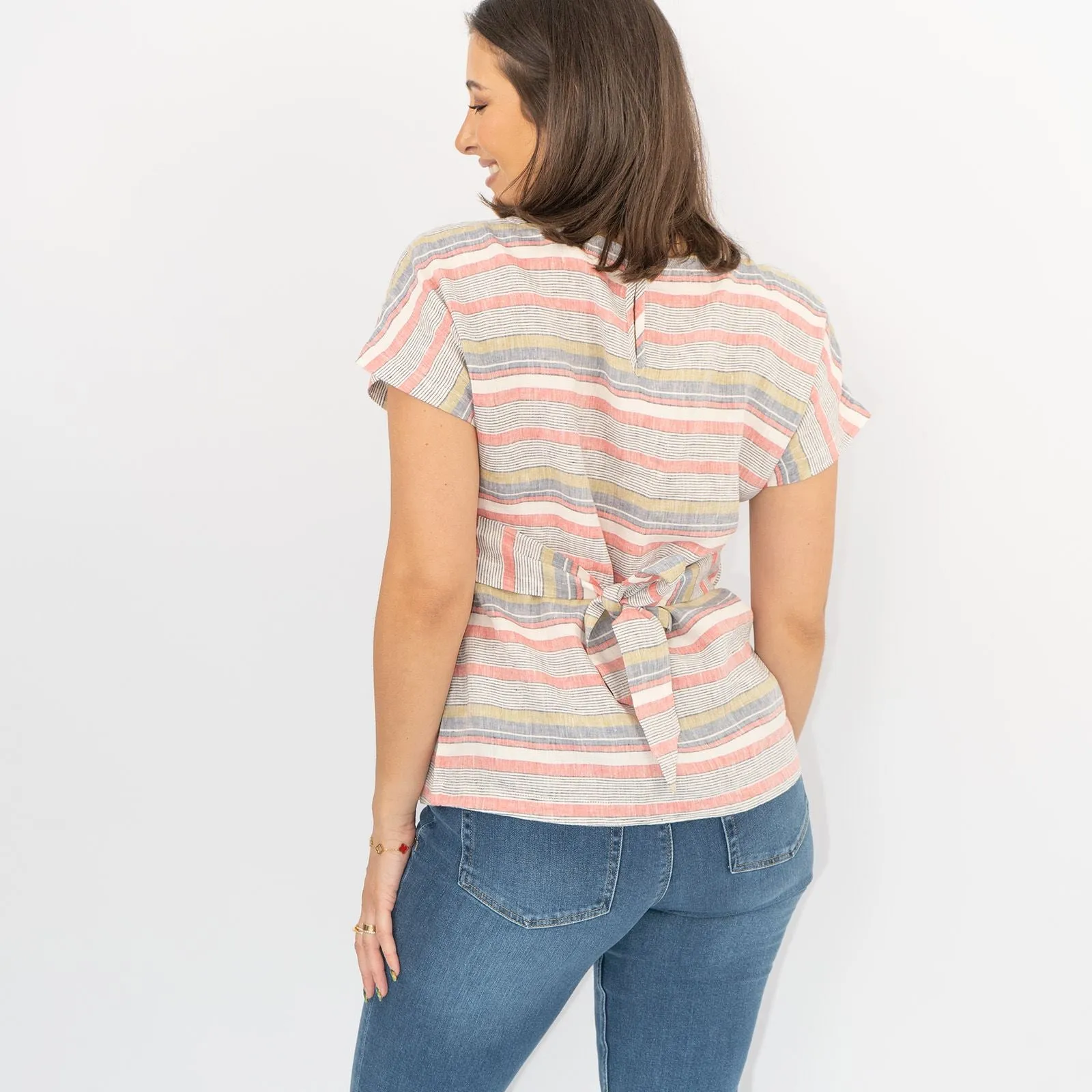 White Stuff Pink Linen Striped Short Sleeve Going Out Tie-On Waist Tops