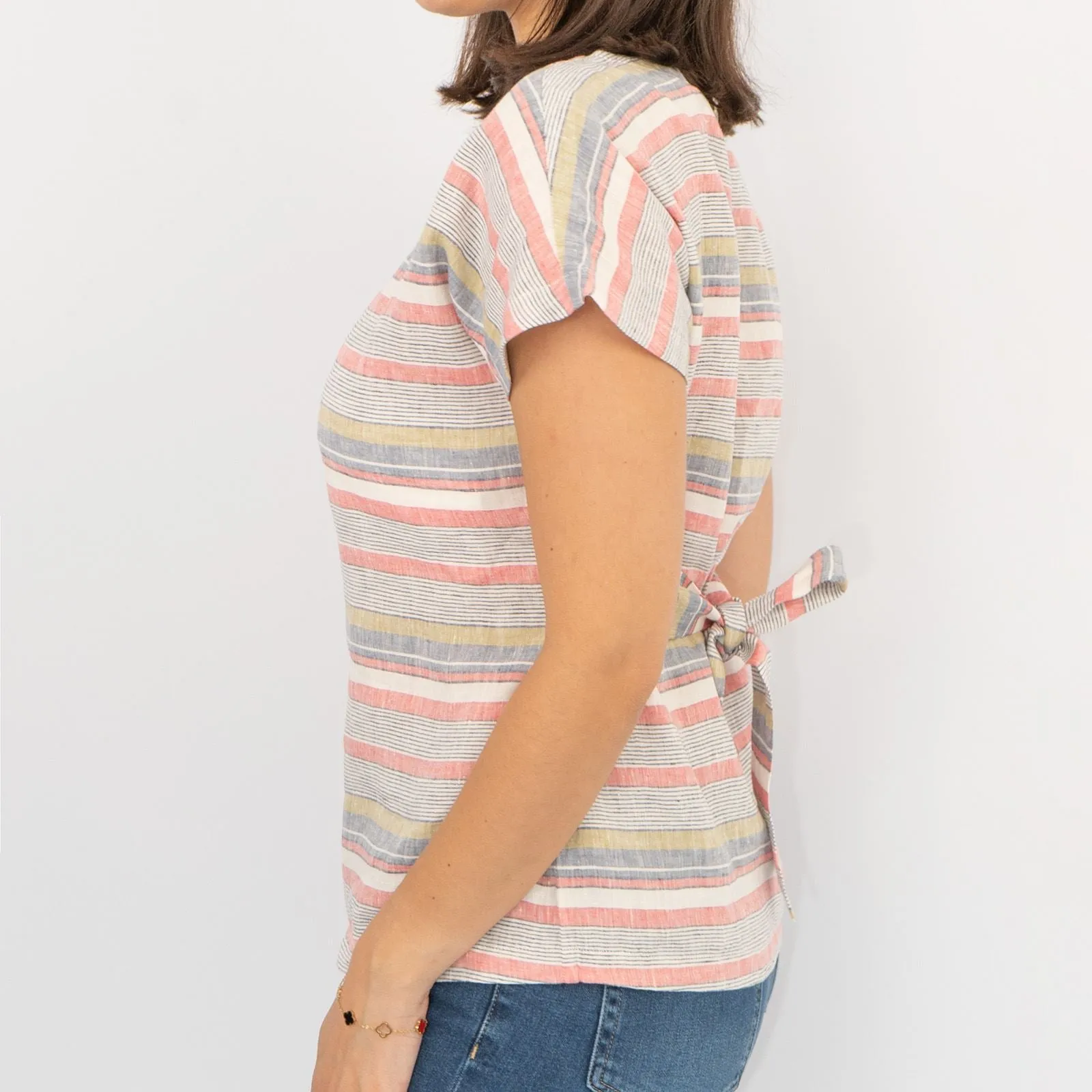 White Stuff Pink Linen Striped Short Sleeve Going Out Tie-On Waist Tops