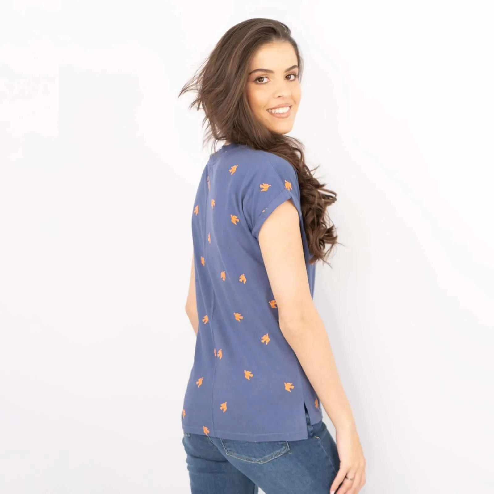White Stuff Short Sleeve Blue Notch Neck Embroidered Cotton Jersey Tops