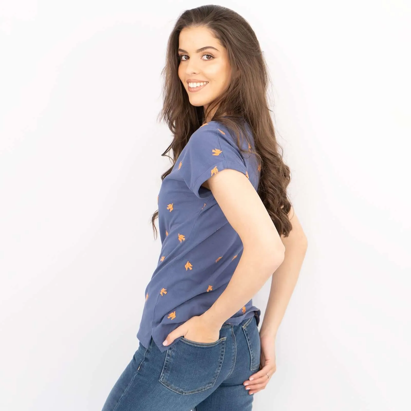 White Stuff Short Sleeve Blue Notch Neck Embroidered Cotton Jersey Tops