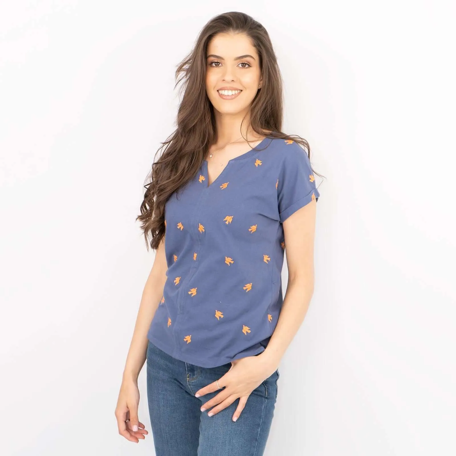 White Stuff Short Sleeve Blue Notch Neck Embroidered Cotton Jersey Tops