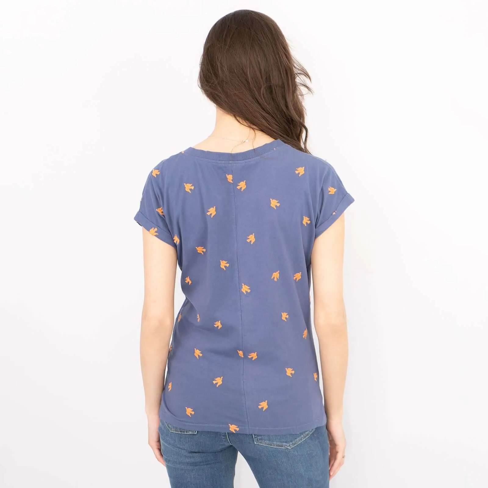 White Stuff Short Sleeve Blue Notch Neck Embroidered Cotton Jersey Tops