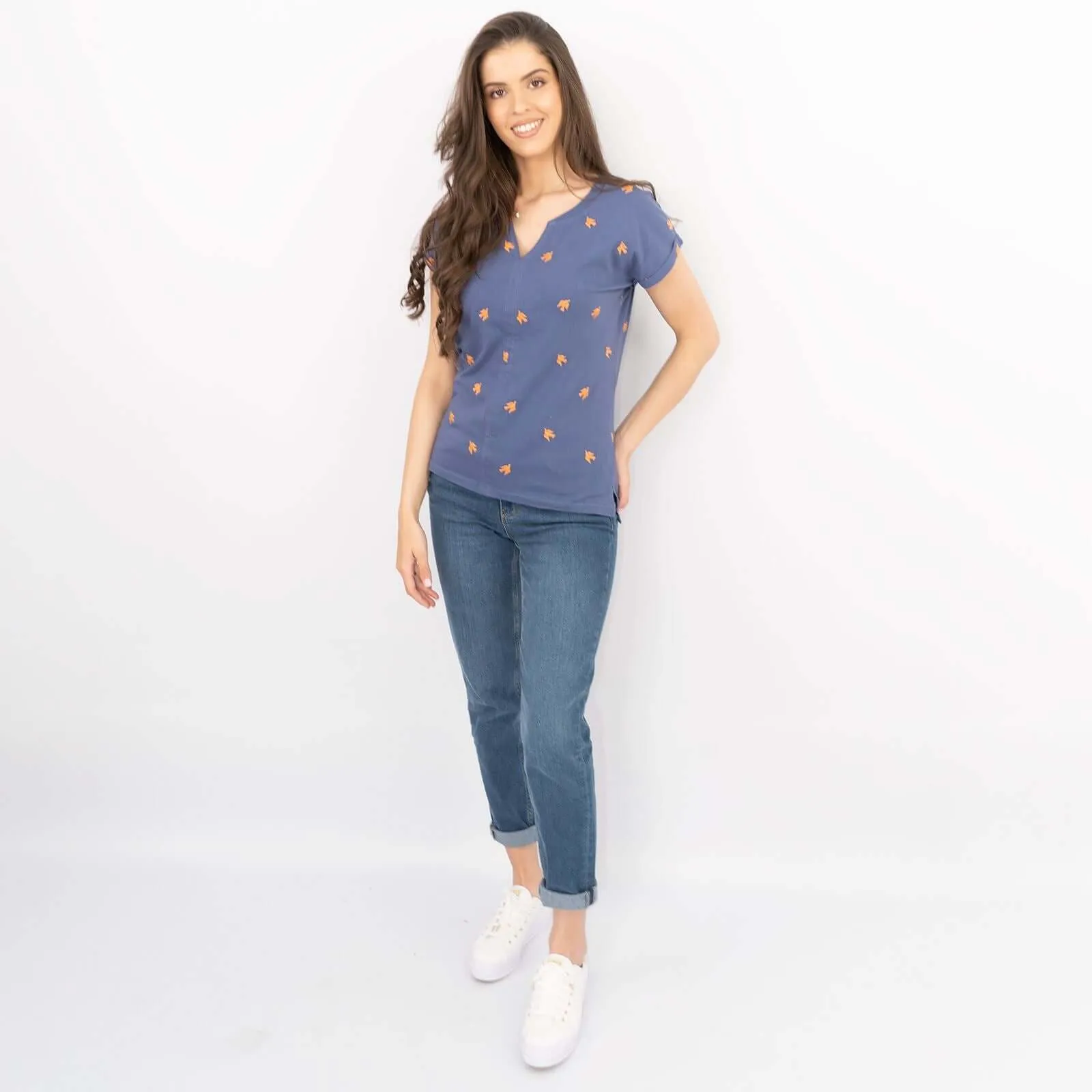 White Stuff Short Sleeve Blue Notch Neck Embroidered Cotton Jersey Tops