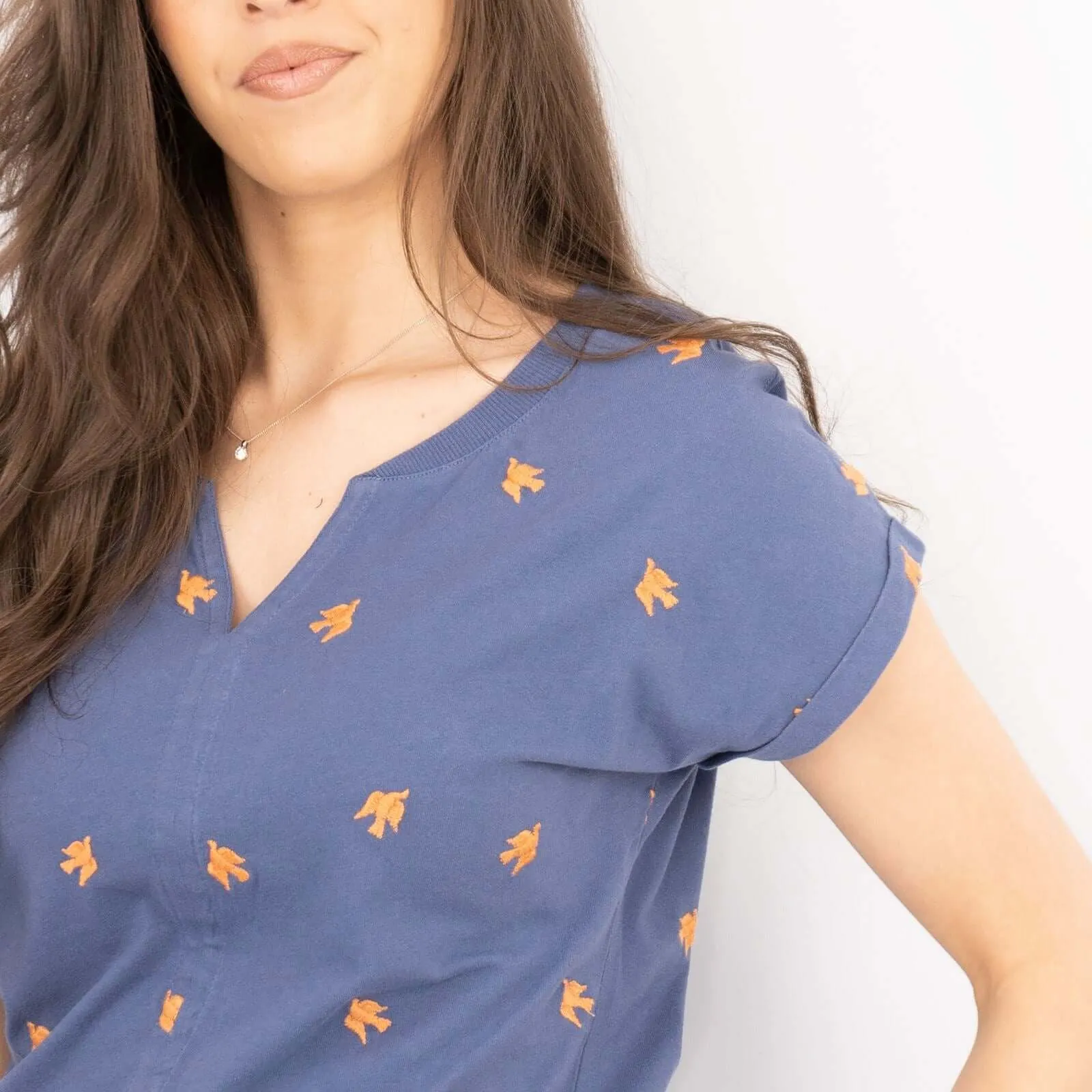 White Stuff Short Sleeve Blue Notch Neck Embroidered Cotton Jersey Tops