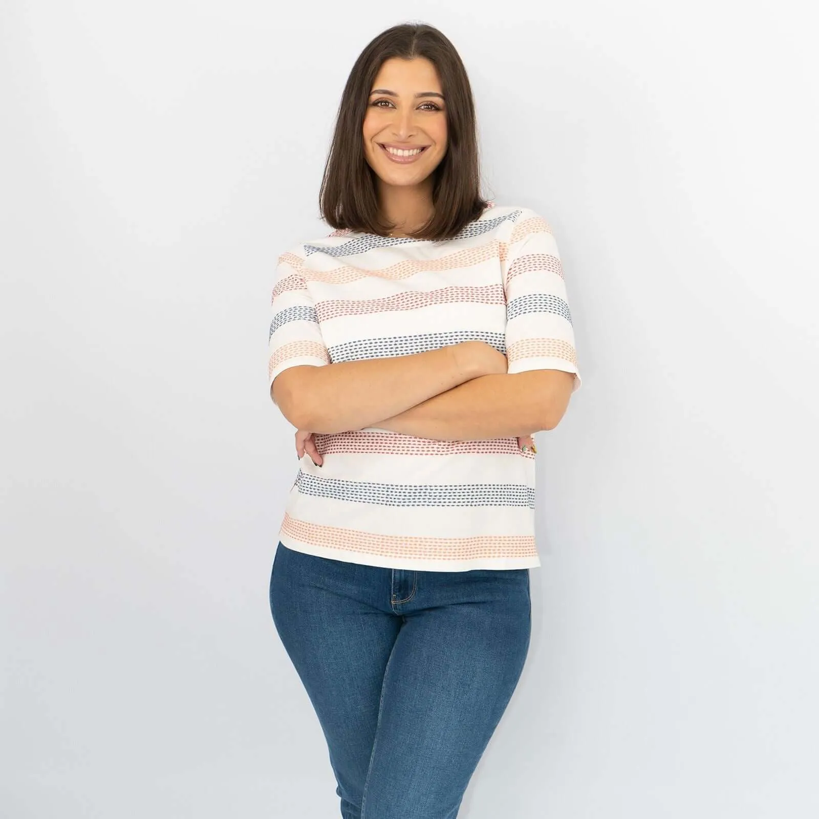 White Stuff Short Sleeve Boat Neck Embroidered Stripes White Soft Cotton Jersey Tops