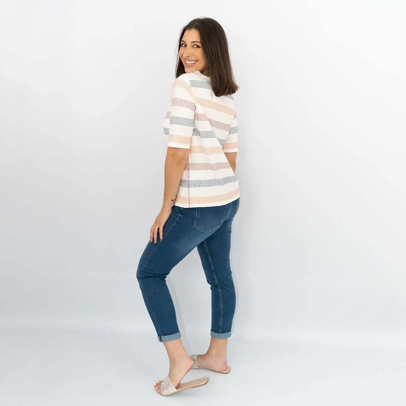 White Stuff Short Sleeve Boat Neck Embroidered Stripes White Soft Cotton Jersey Tops