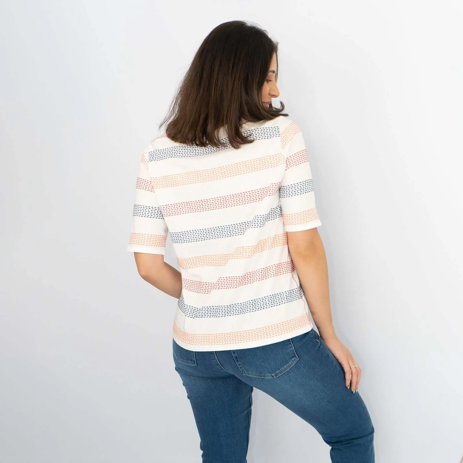 White Stuff Short Sleeve Boat Neck Embroidered Stripes White Soft Cotton Jersey Tops