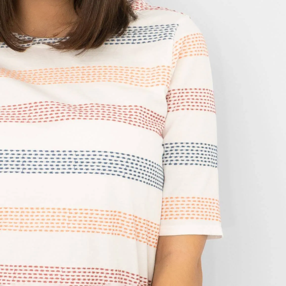 White Stuff Short Sleeve Boat Neck Embroidered Stripes White Soft Cotton Jersey Tops