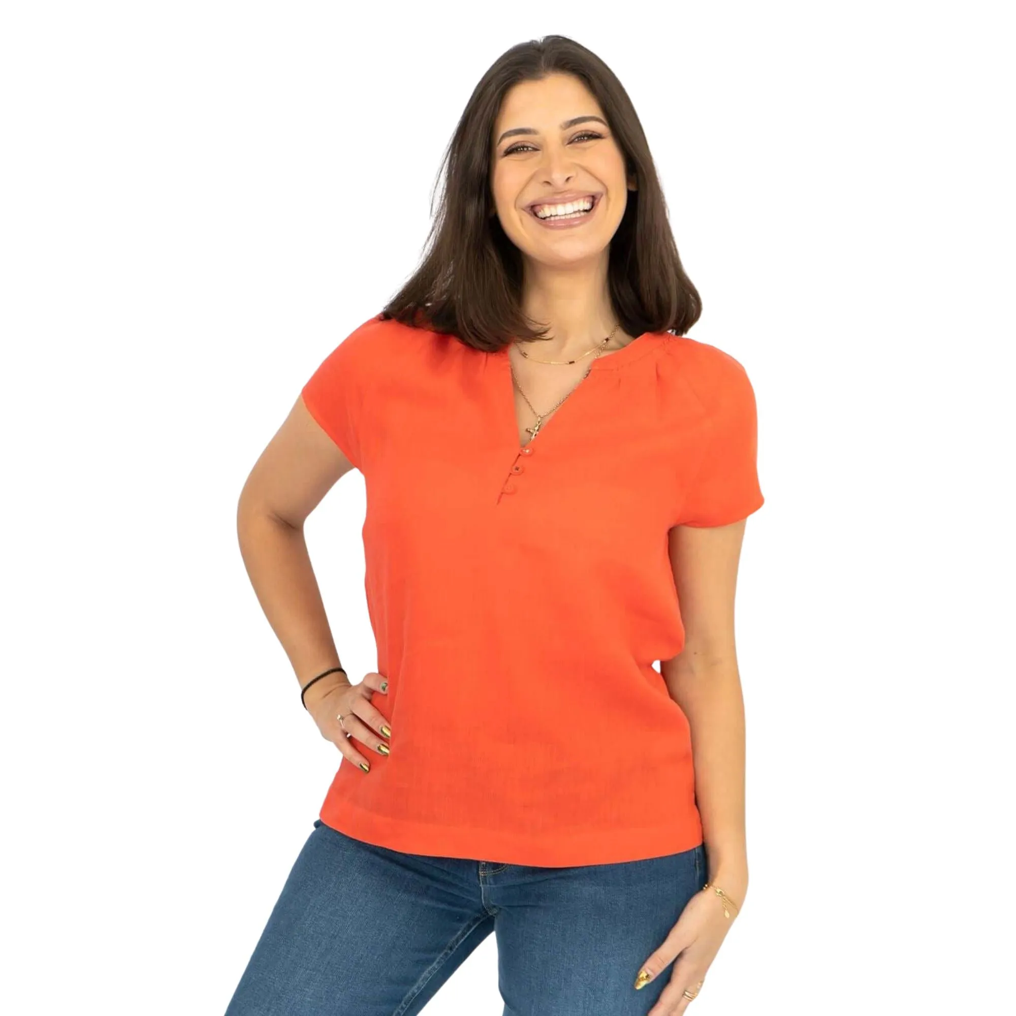 White Stuff Short Sleeve Orange Linen Relaxed Summer Blouse Casual Tops