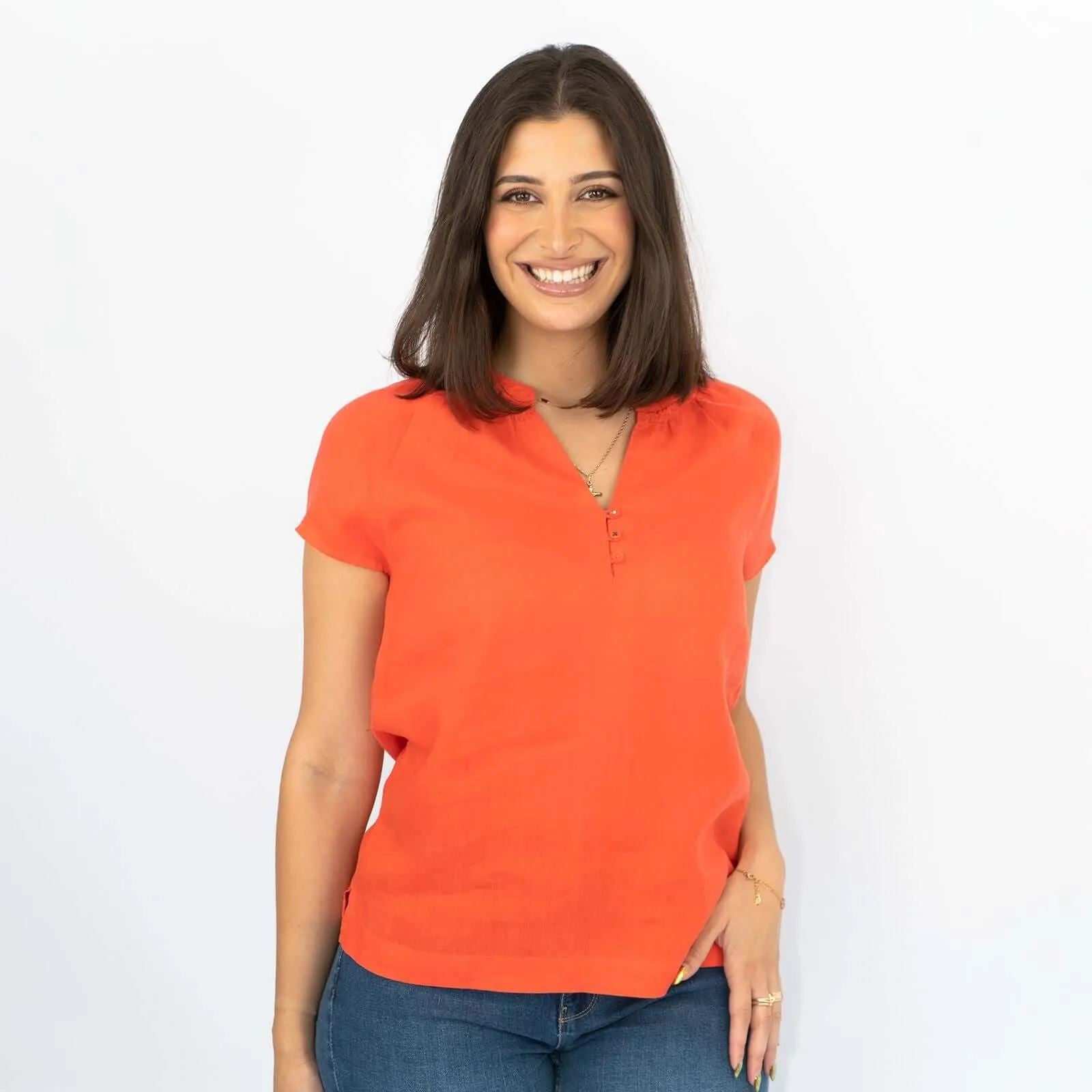 White Stuff Short Sleeve Orange Linen Relaxed Summer Blouse Casual Tops