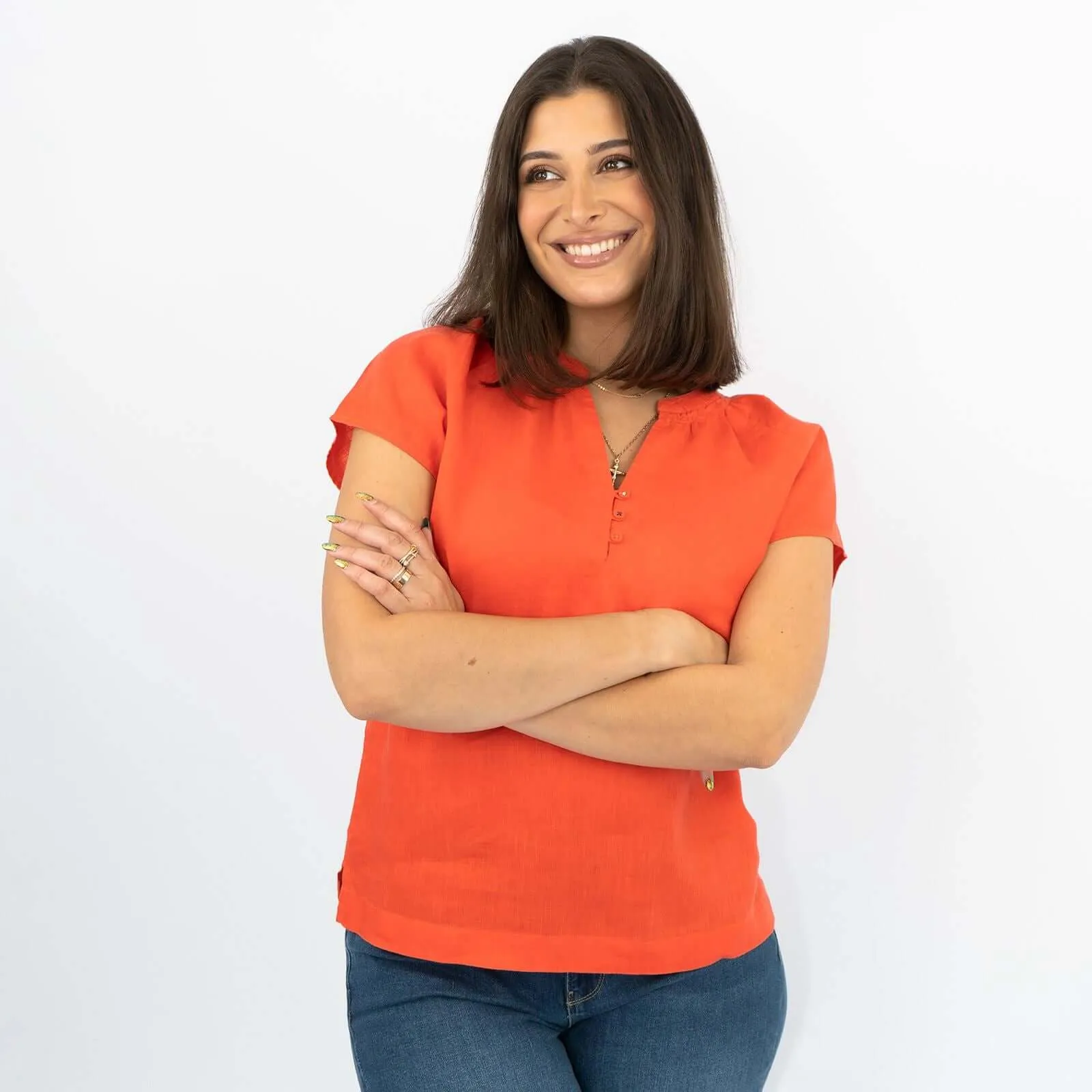 White Stuff Short Sleeve Orange Linen Relaxed Summer Blouse Casual Tops