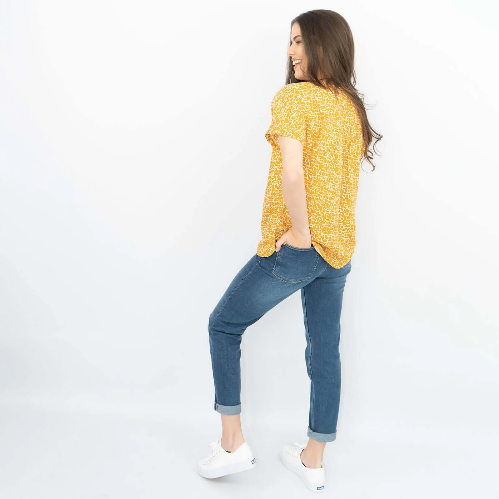 White Stuff Short Sleeve Yellow Umbrella Print Relaxed Casual Tops