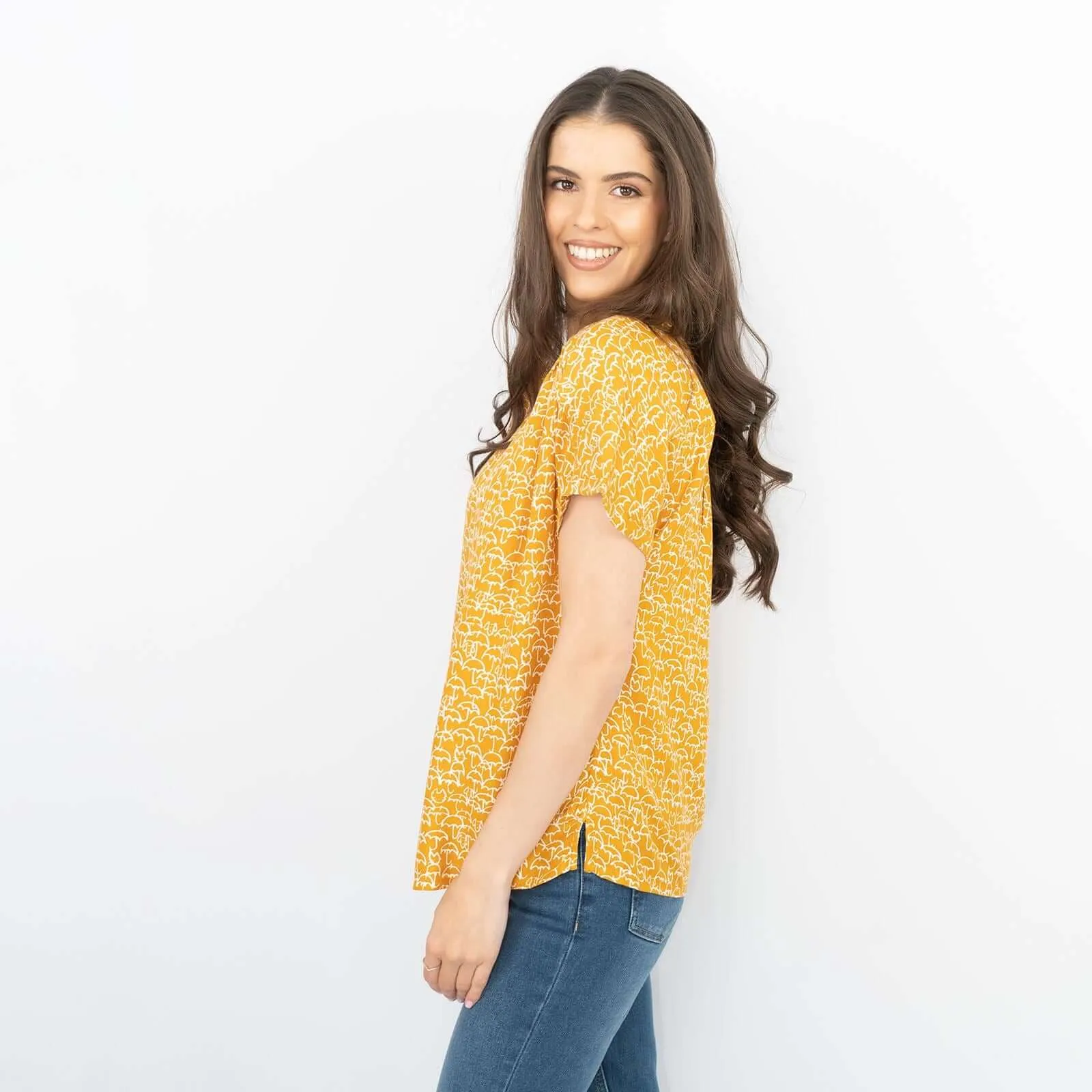 White Stuff Short Sleeve Yellow Umbrella Print Relaxed Casual Tops