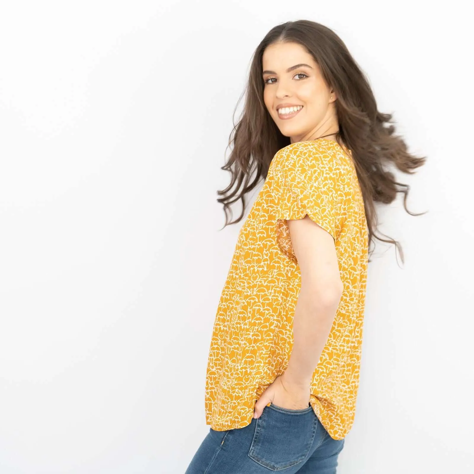 White Stuff Short Sleeve Yellow Umbrella Print Relaxed Casual Tops