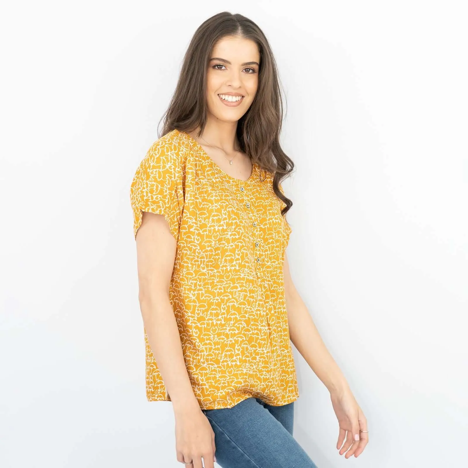 White Stuff Short Sleeve Yellow Umbrella Print Relaxed Casual Tops