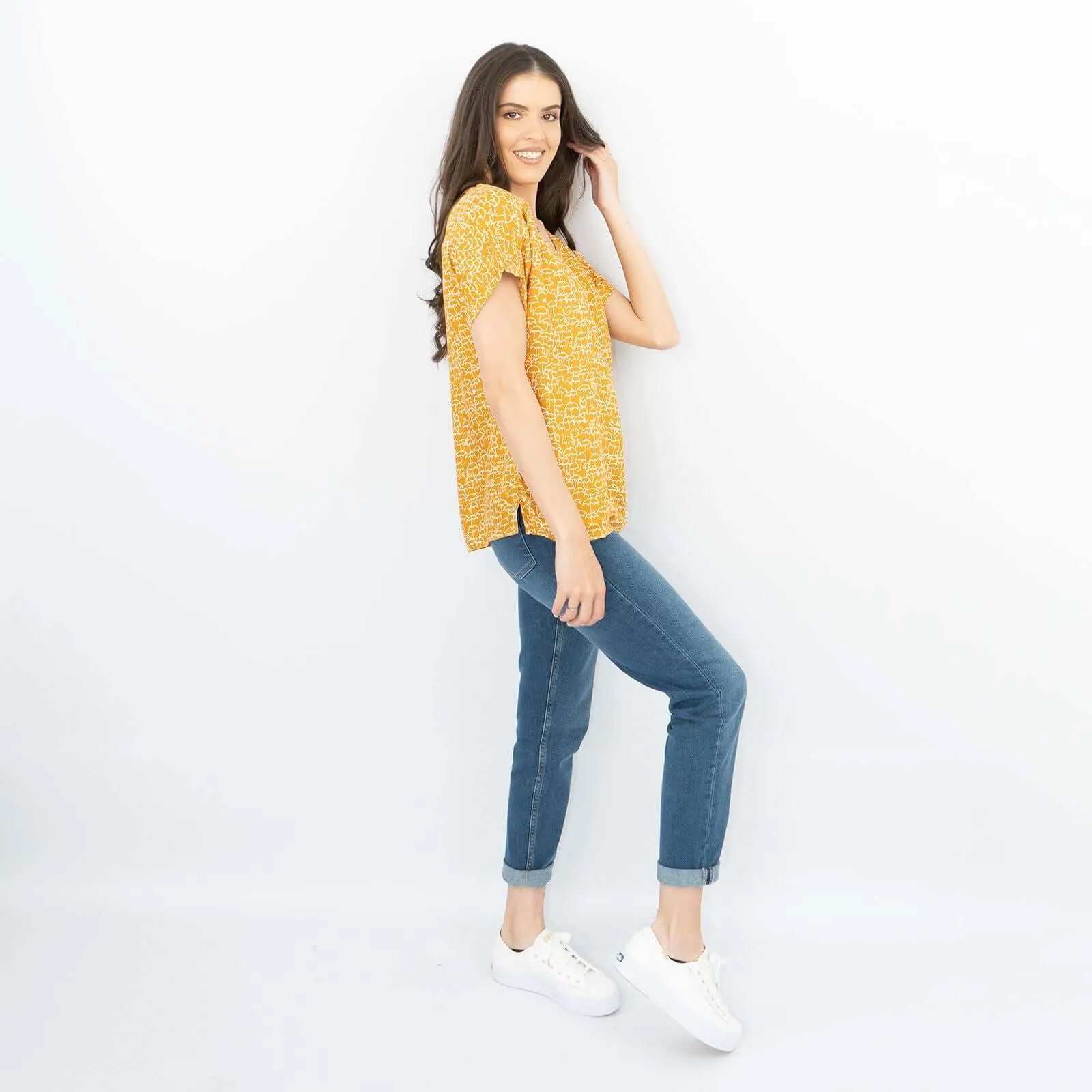 White Stuff Short Sleeve Yellow Umbrella Print Relaxed Casual Tops