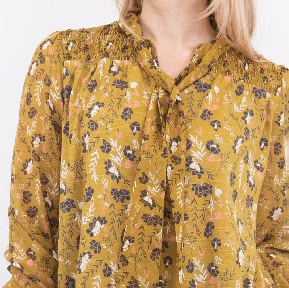 White Stuff Tamina Yellow Floral Print Long Sleeve Tine-Neck Tops