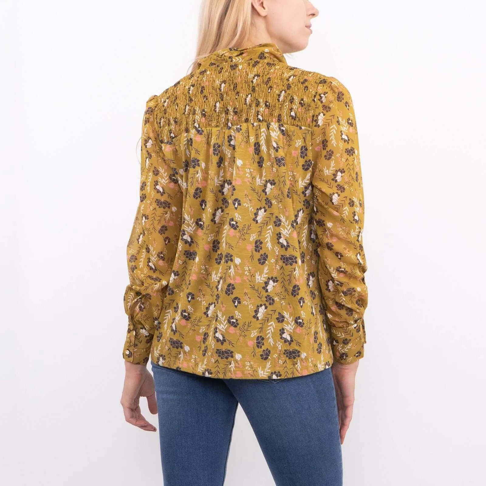 White Stuff Tamina Yellow Floral Print Long Sleeve Tine-Neck Tops