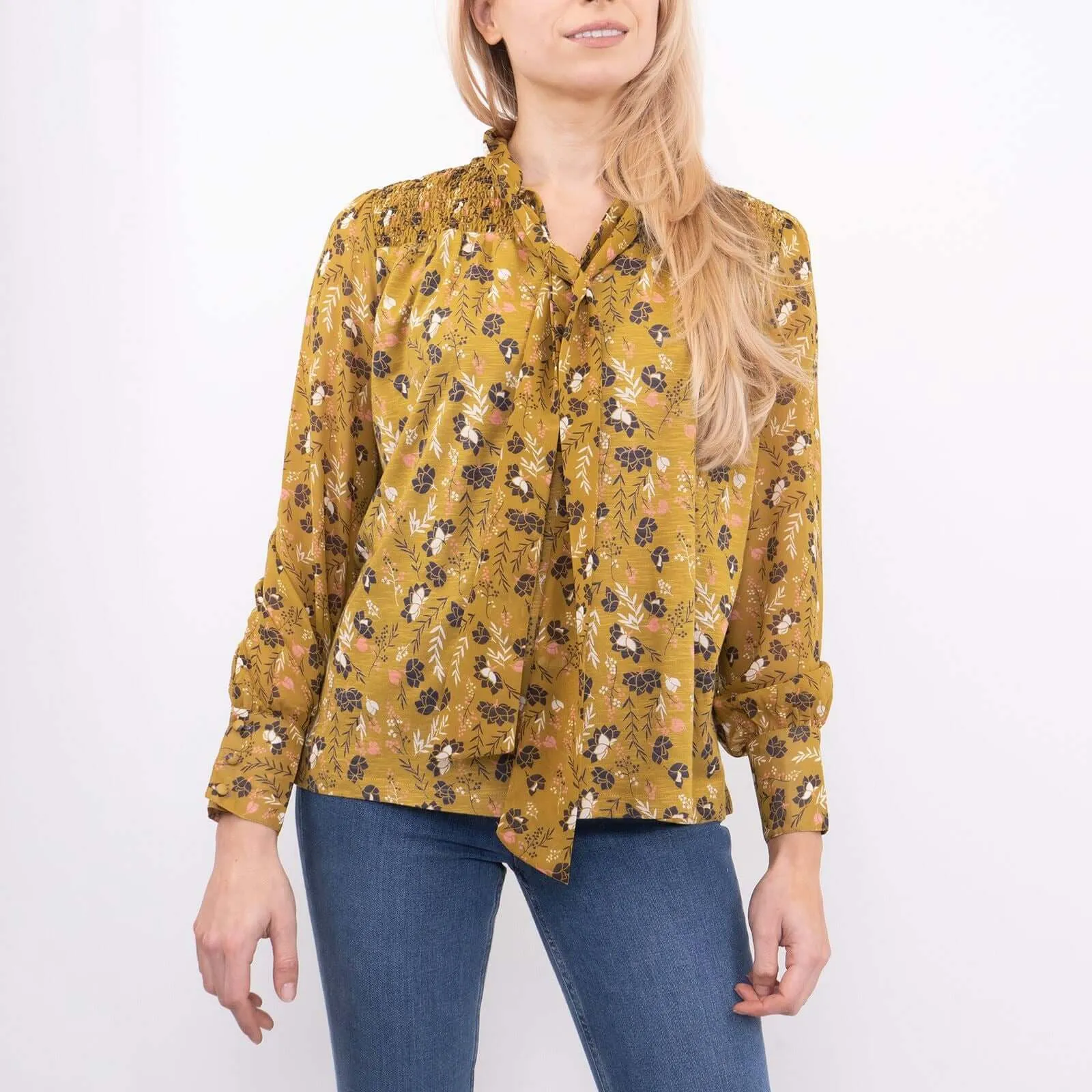 White Stuff Tamina Yellow Floral Print Long Sleeve Tine-Neck Tops