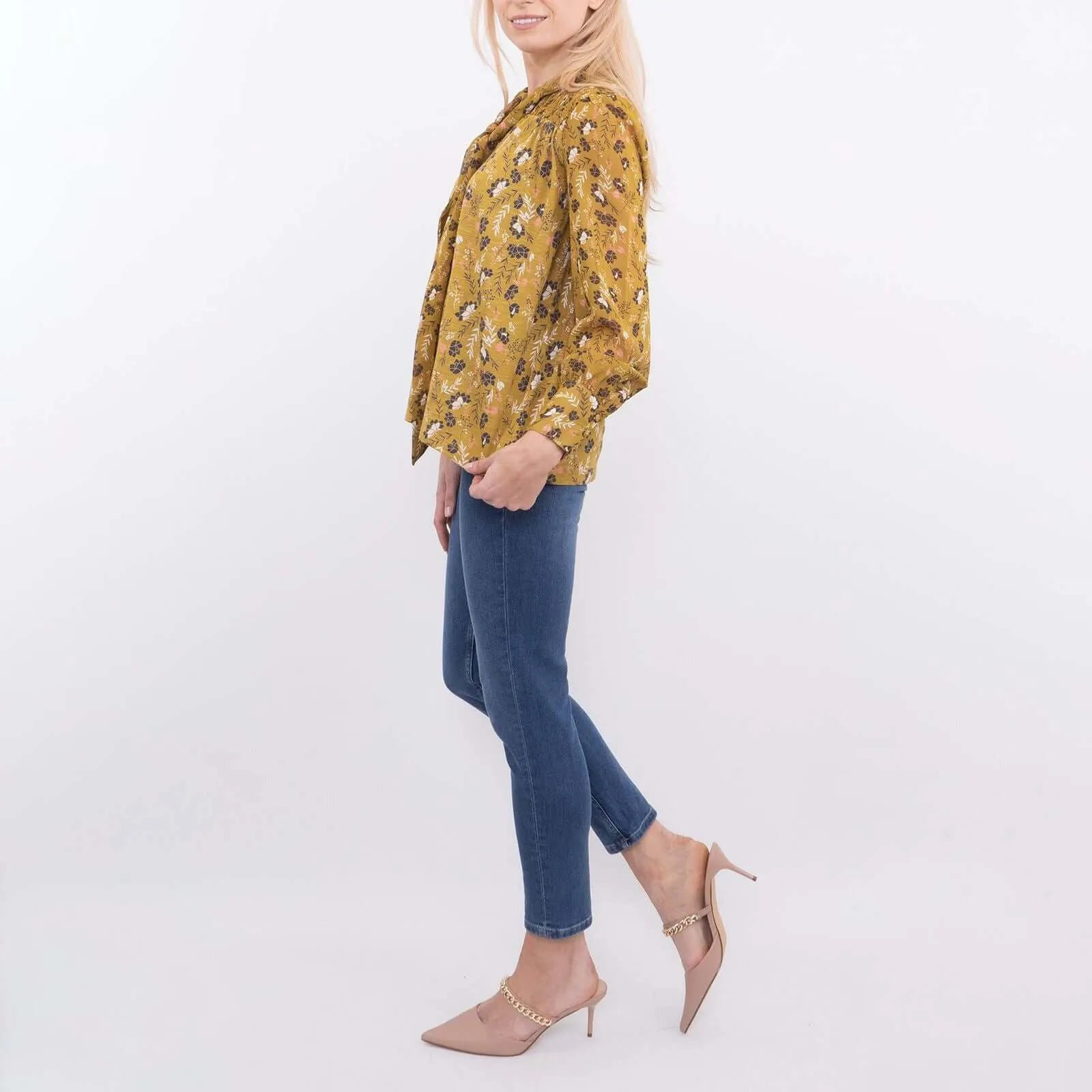 White Stuff Tamina Yellow Floral Print Long Sleeve Tine-Neck Tops
