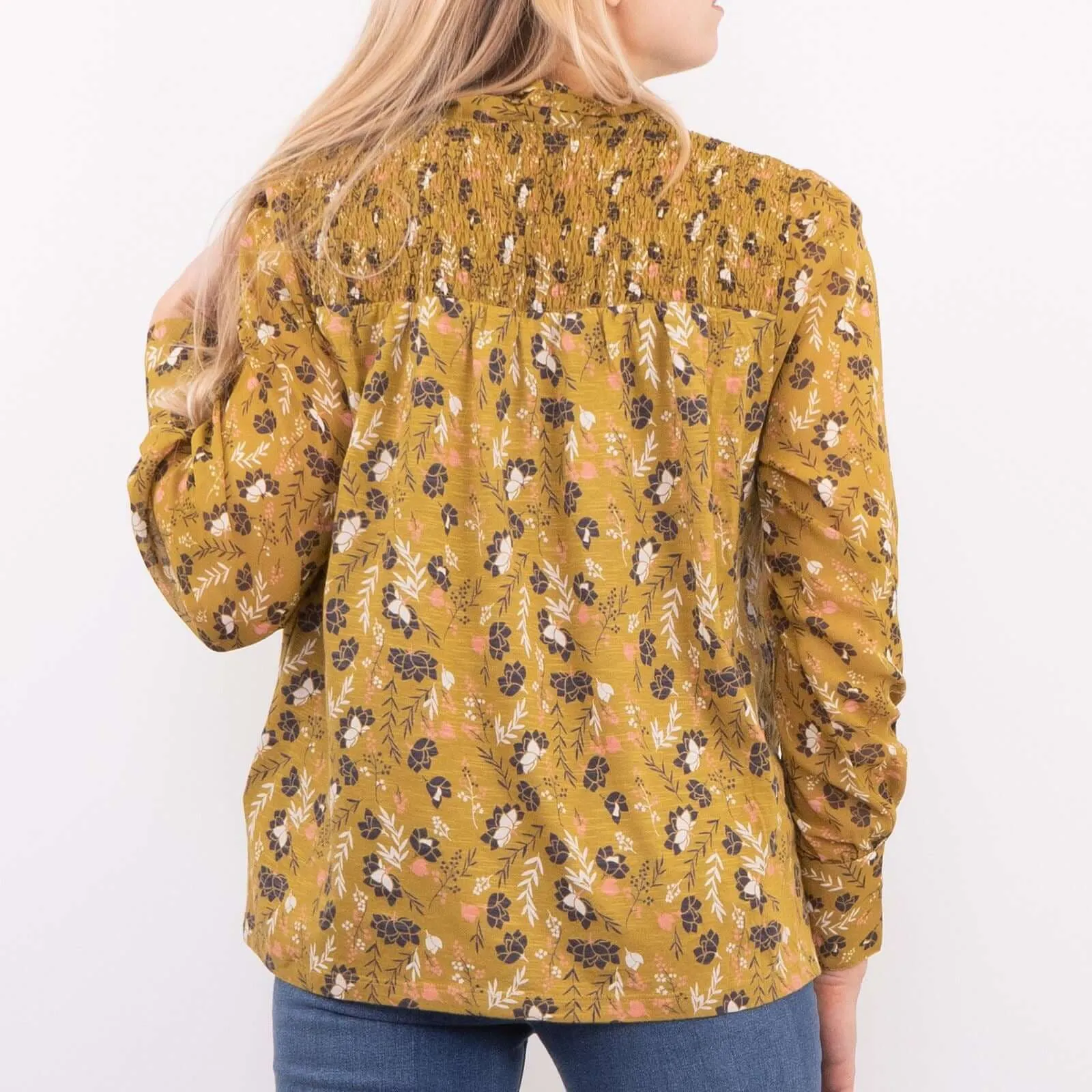White Stuff Tamina Yellow Floral Print Long Sleeve Tine-Neck Tops