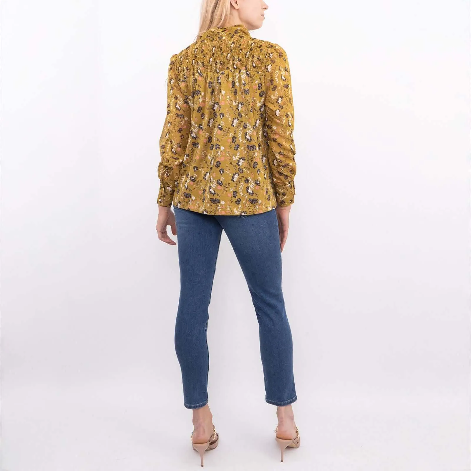 White Stuff Tamina Yellow Floral Print Long Sleeve Tine-Neck Tops