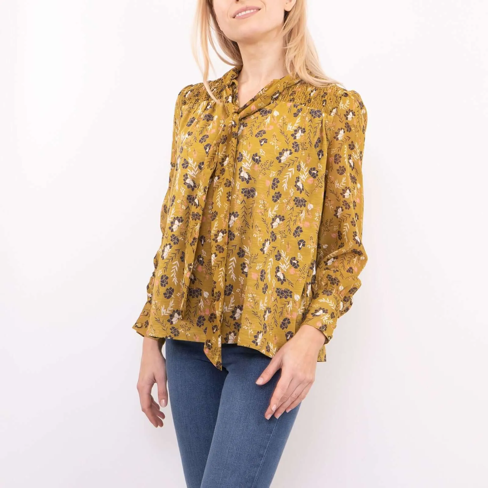 White Stuff Tamina Yellow Floral Print Long Sleeve Tine-Neck Tops