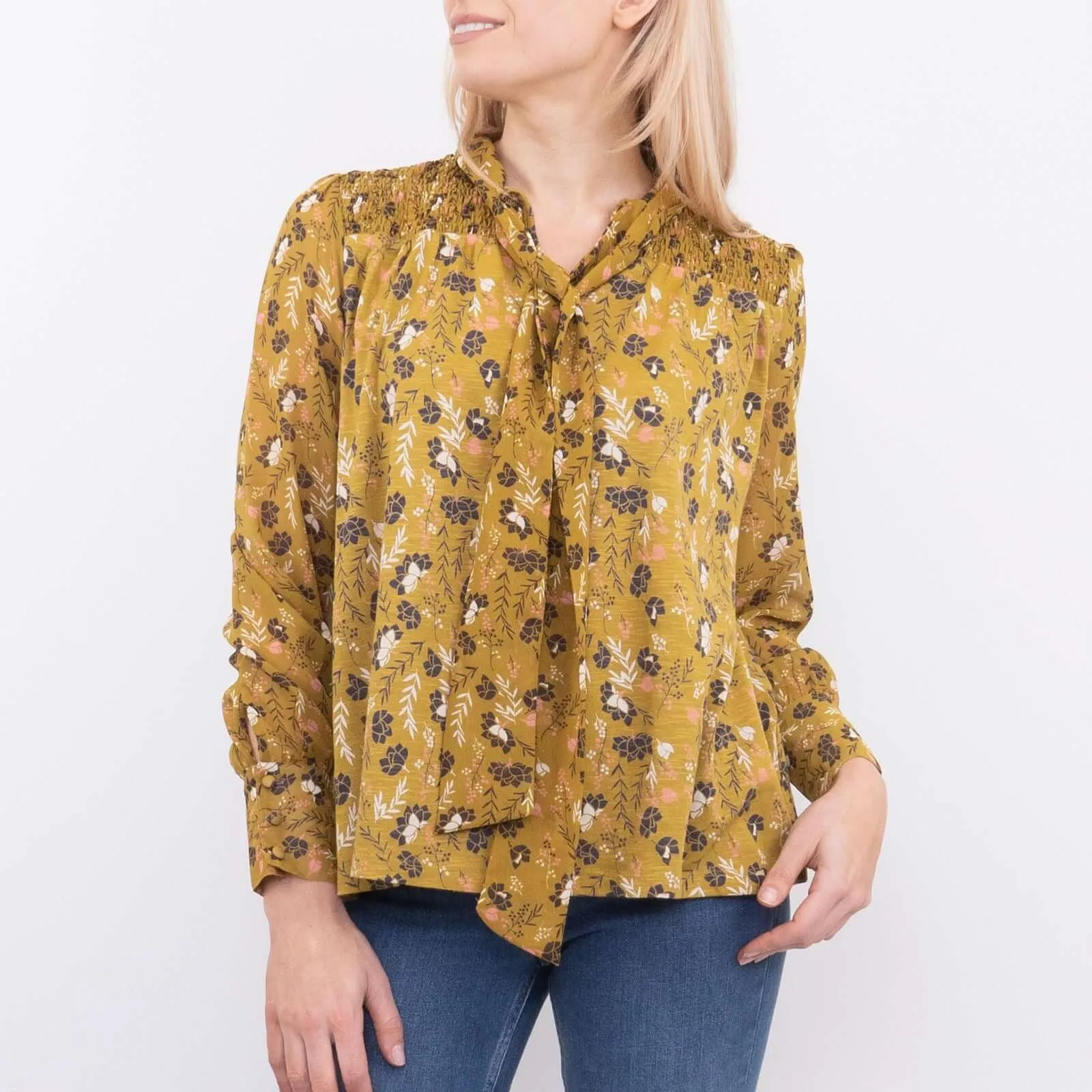 White Stuff Tamina Yellow Floral Print Long Sleeve Tine-Neck Tops