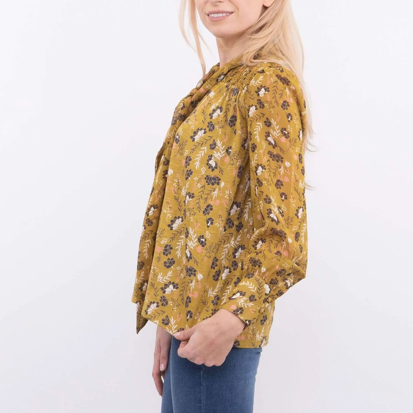 White Stuff Tamina Yellow Floral Print Long Sleeve Tine-Neck Tops