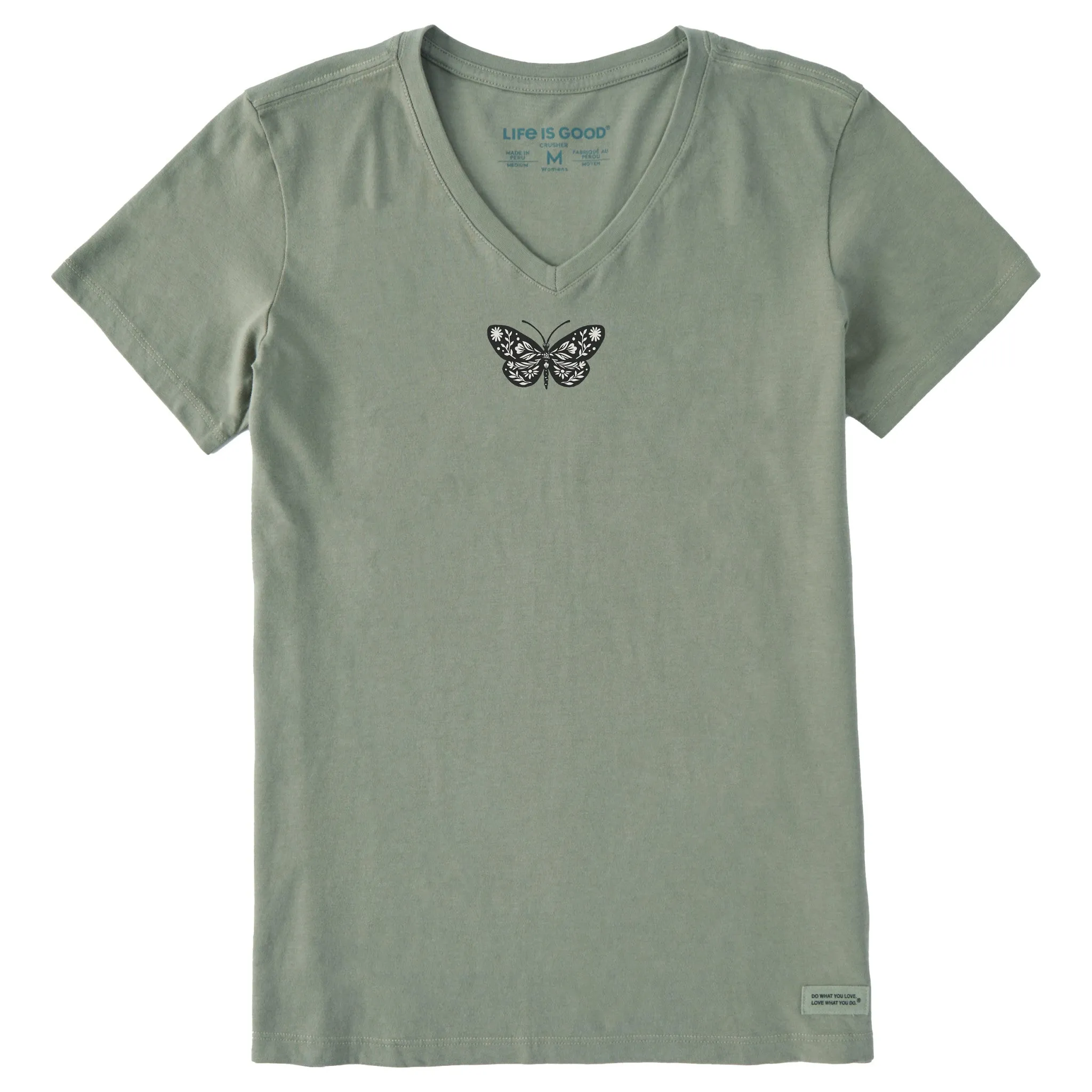 Women's Butterfly Floral Mini Short Sleeve Crusher Vee Life is Good