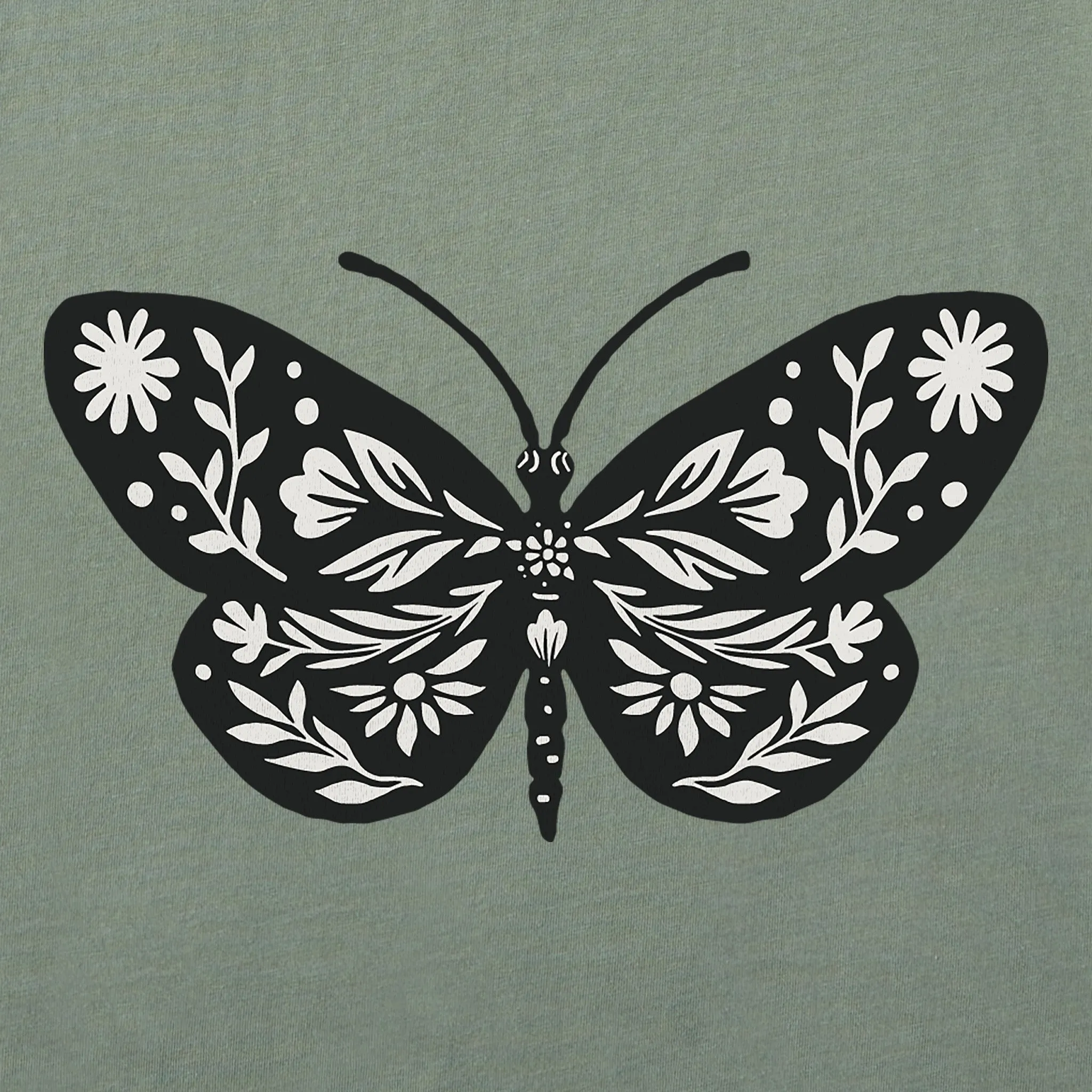 Women's Butterfly Floral Mini Short Sleeve Crusher Vee Life is Good